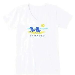 Life is Good Women's White Cotton "Happy Hour" V-Neck Short Sleeve T-Shirt